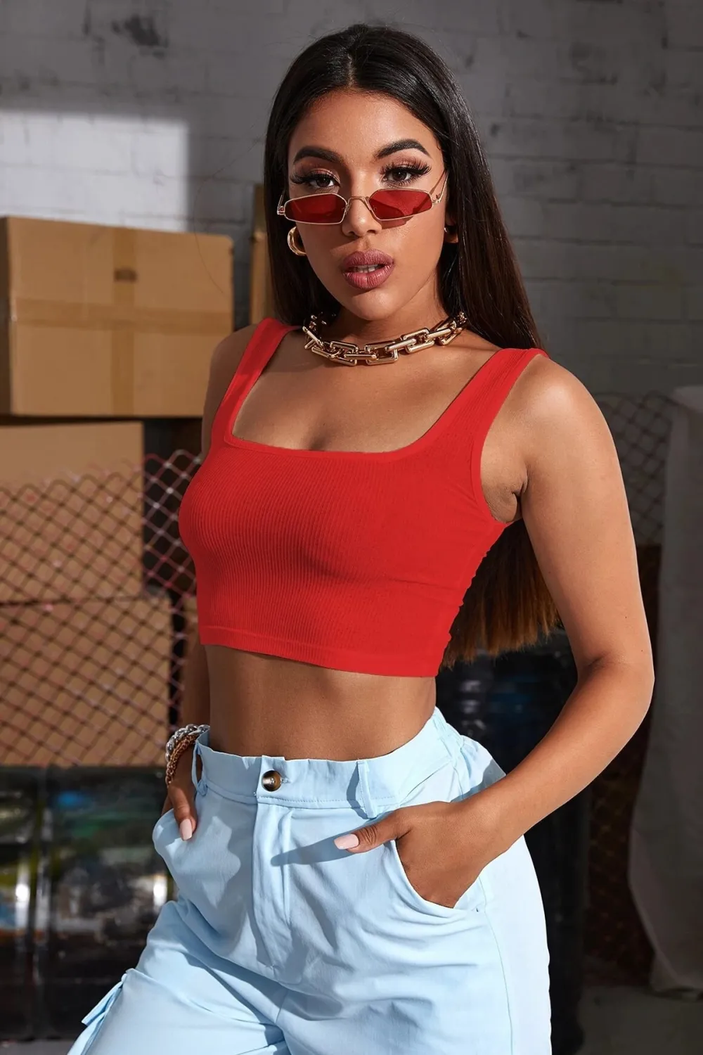 ieg™ Kadın Kırmızı Kalın Askılı Crop Top Büstiyer