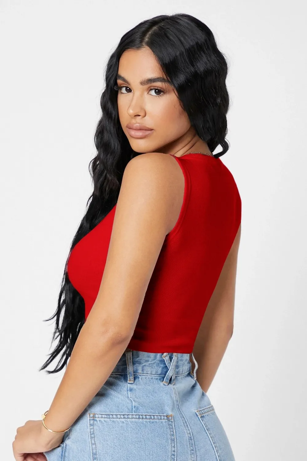 ieg™ Kadın Kırmızı Kare Yaka Crop Top Bluz