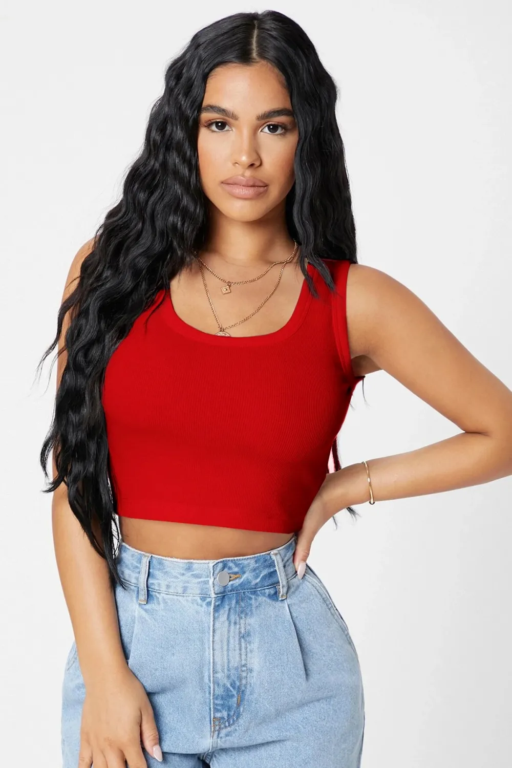 ieg™ Kadın Kırmızı Kare Yaka Crop Top Bluz