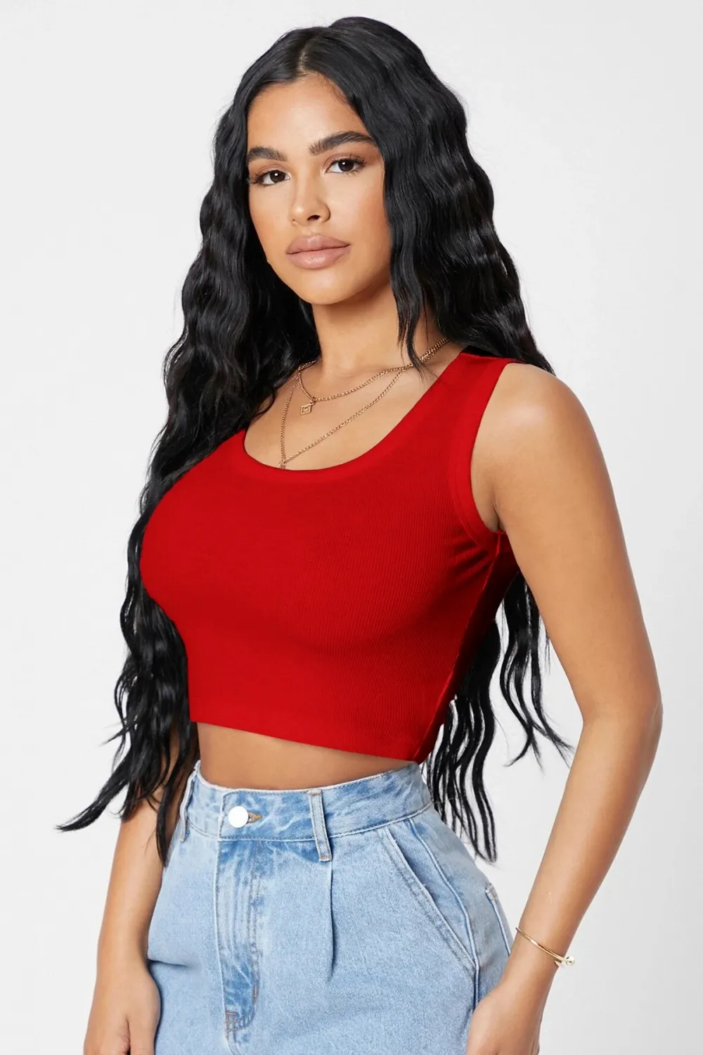 ieg™ Kadın Kırmızı Kare Yaka Crop Top Bluz