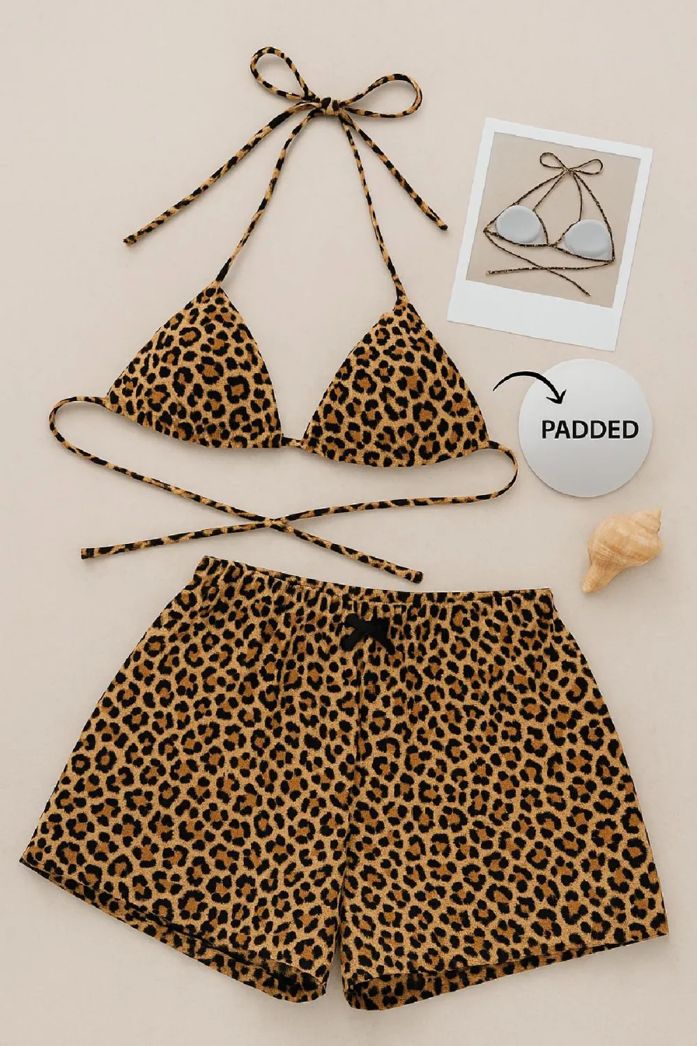 ieg™ Kadın Leopar Desenli Şortlu Belden ve Boyundan Bağlamalı Bikini Takımı