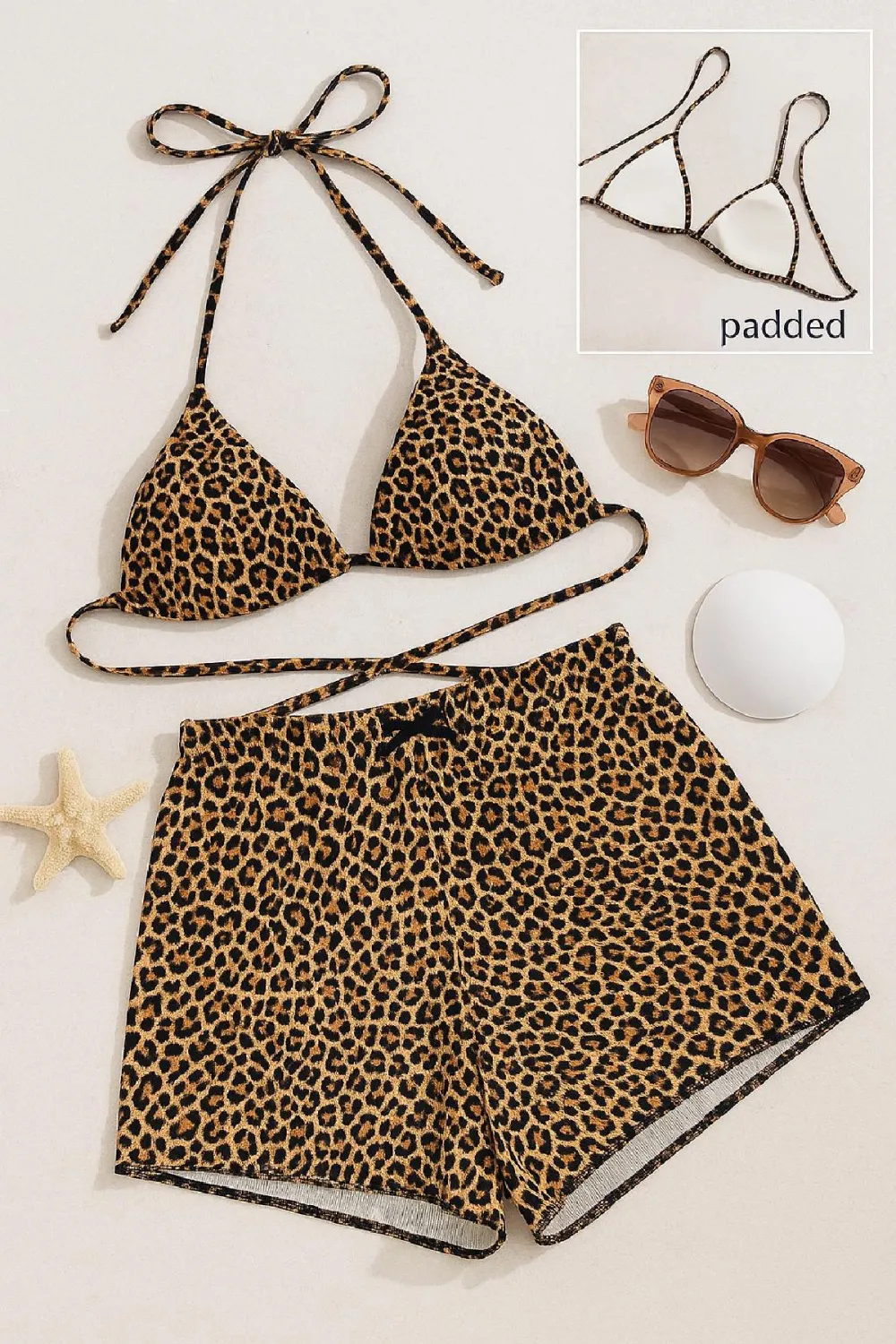 ieg™ Kadın Leopar Desenli Şortlu Belden ve Boyundan Bağlamalı Bikini Takımı