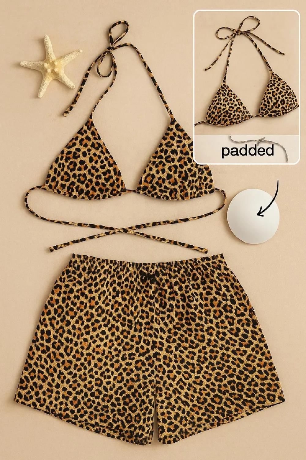 ieg™ Kadın Leopar Desenli Şortlu Belden ve Boyundan Bağlamalı Bikini Takımı