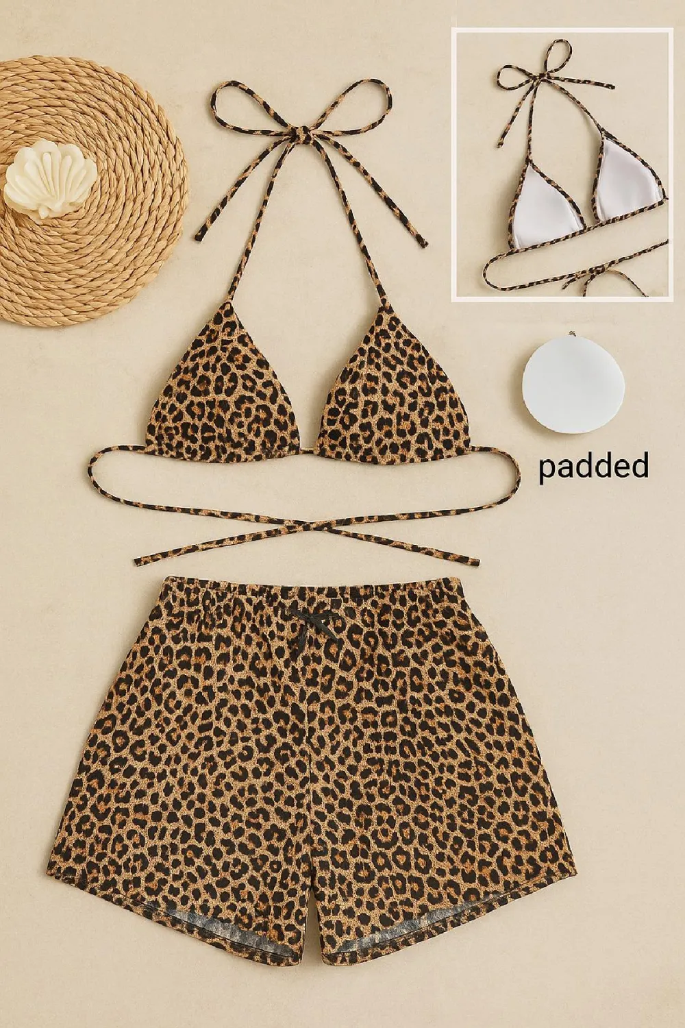 ieg™ Kadın Leopar Desenli Şortlu Belden ve Boyundan Bağlamalı Bikini Takımı