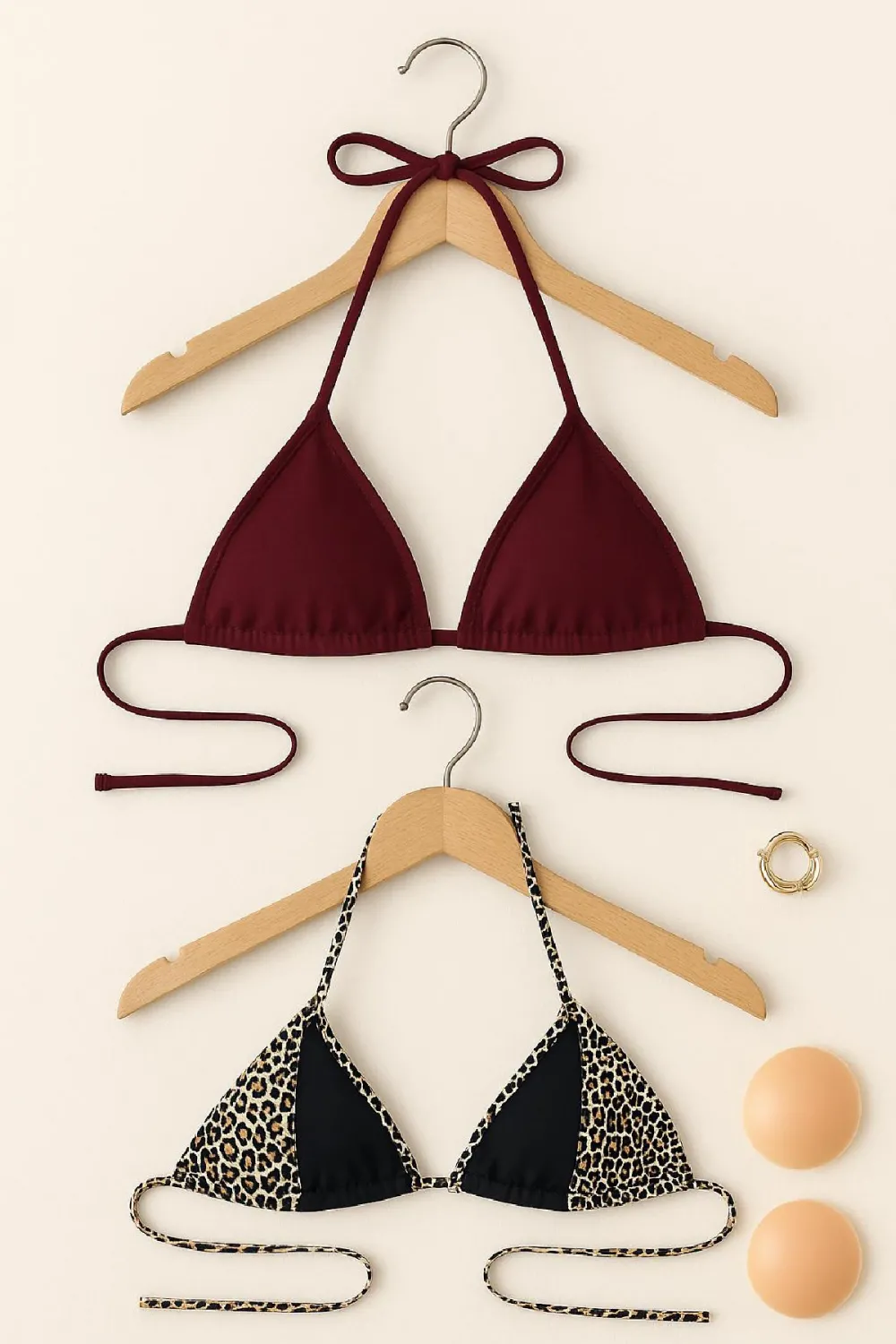 ieg™ Kadın Leopar Desenli ve Bordo Minimal Kesim Üçgen Bikini Üstü