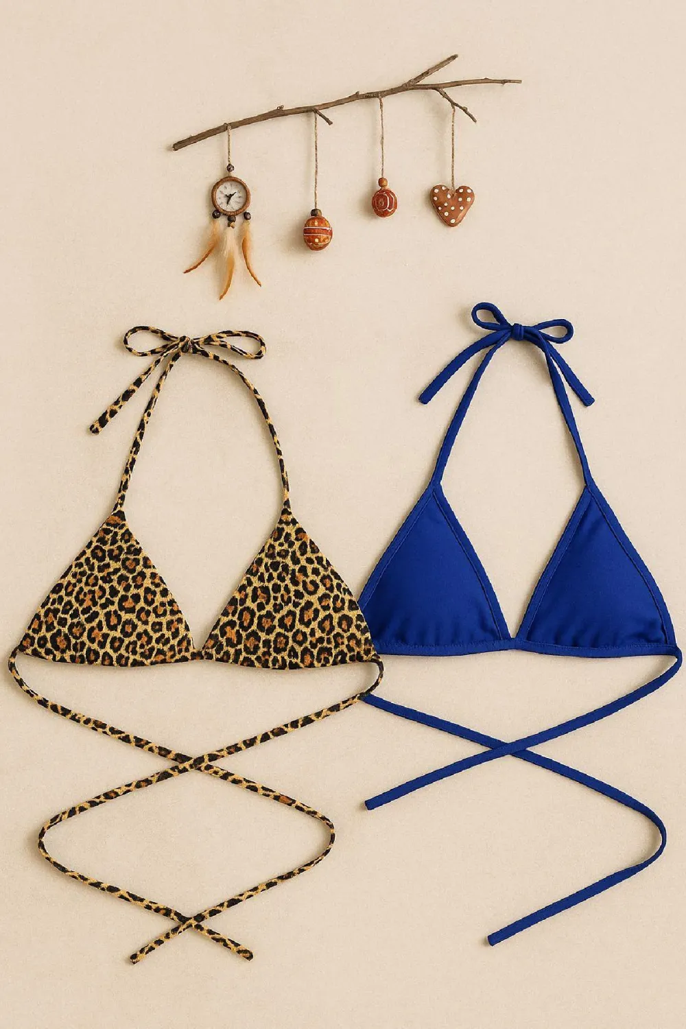 ieg™ Kadın Leopar Desenli ve Mavi Minimal Kesim Üçgen Bikini Üstü