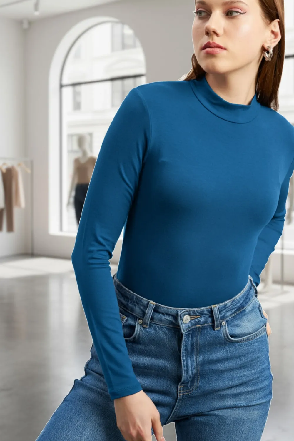 ieg™ Kadın Mavi Parmak Detaylı Esnek Uzun Kollu Body