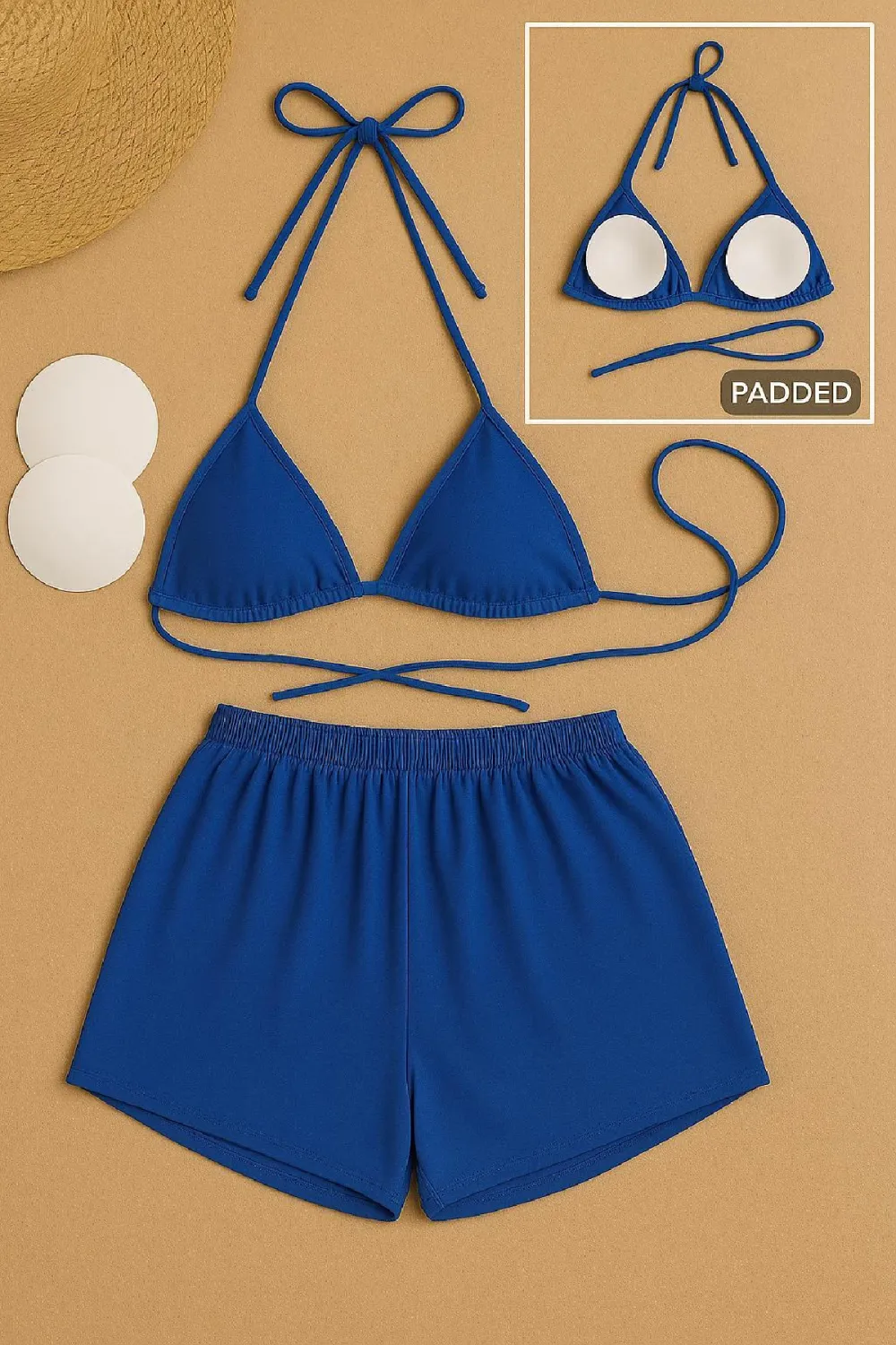 ieg™ Kadın Mavi Şortlu Belden ve Boyundan Bağlamalı Bikini Takımı