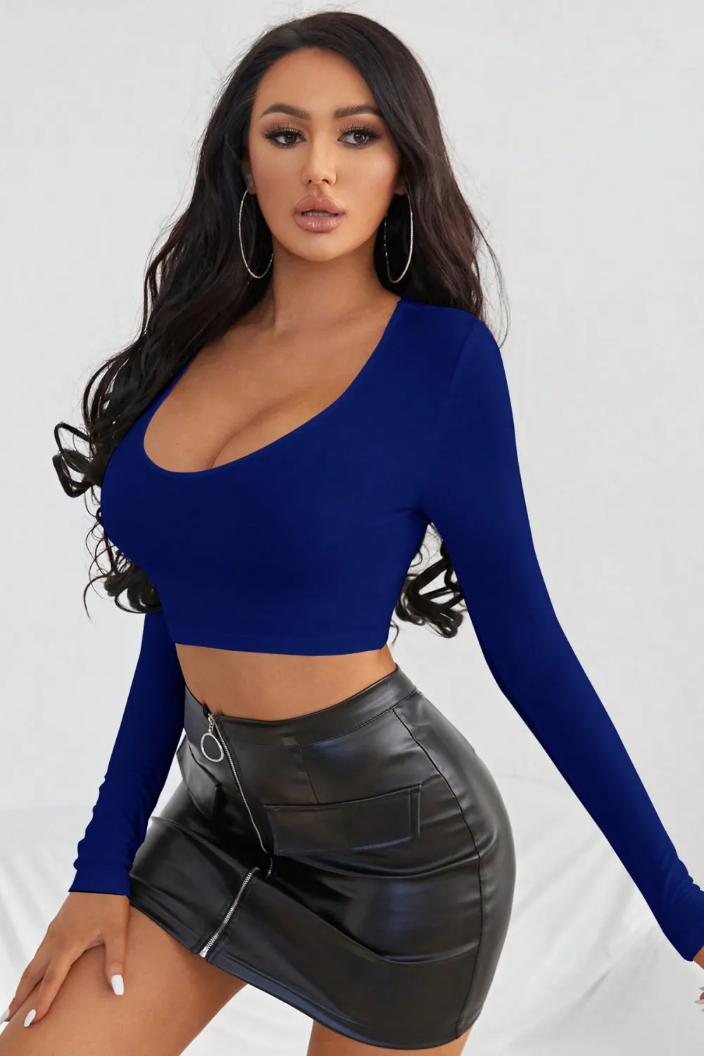 ieg™ Kadın Mavi Uzun Kol Kare Yaka Crop Top Bluz