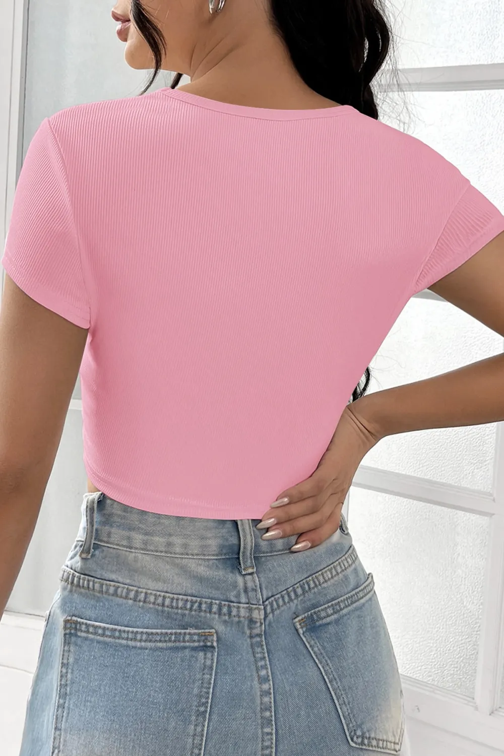 ieg™ Kadın Pembe Yarım Kol Düz Yaka Crop Top Bluz