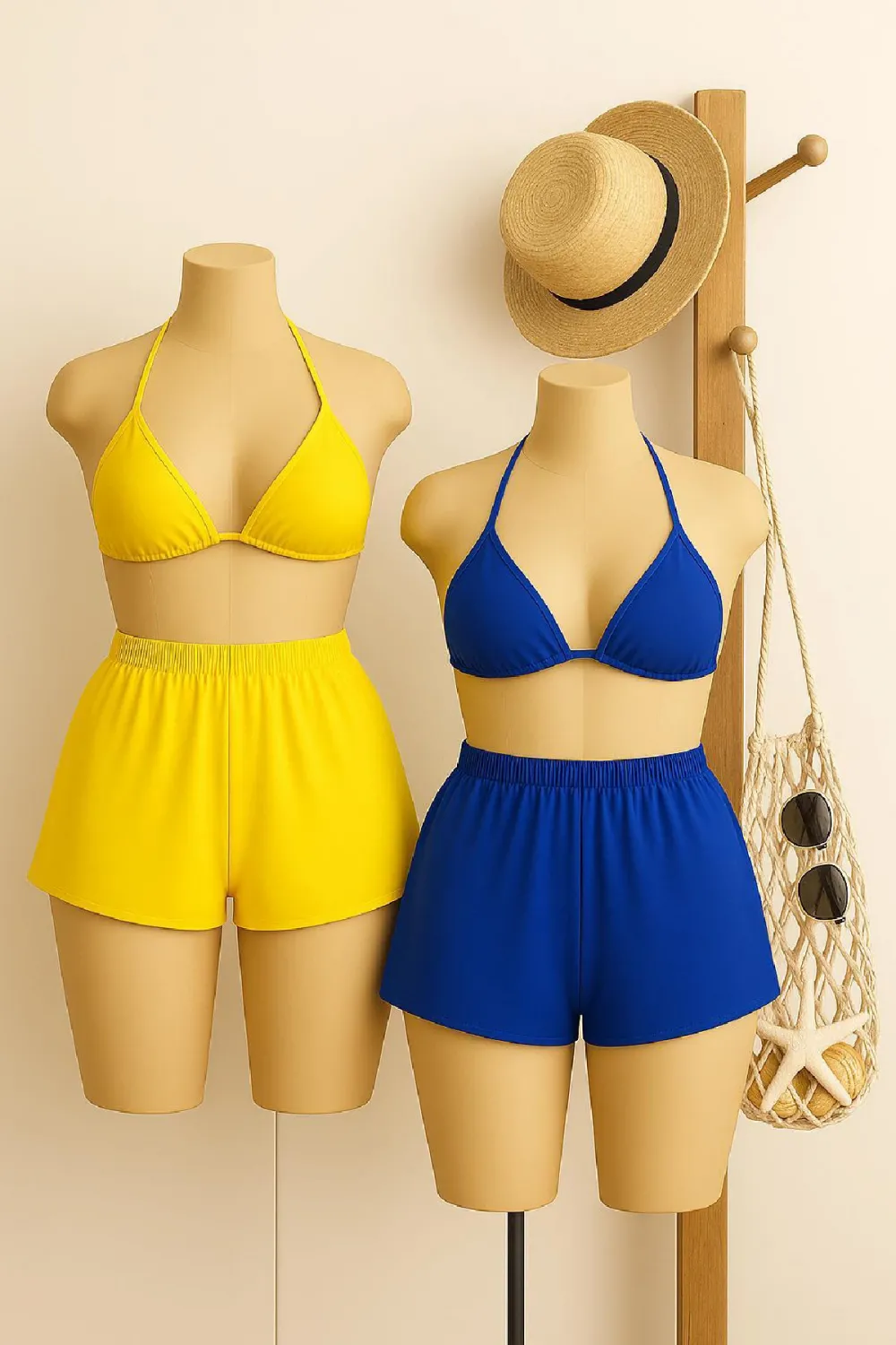 ieg™ Kadın Sarı ve Mavi Şortlu Belden ve Boyundan Bağlamalı Bikini Takımı