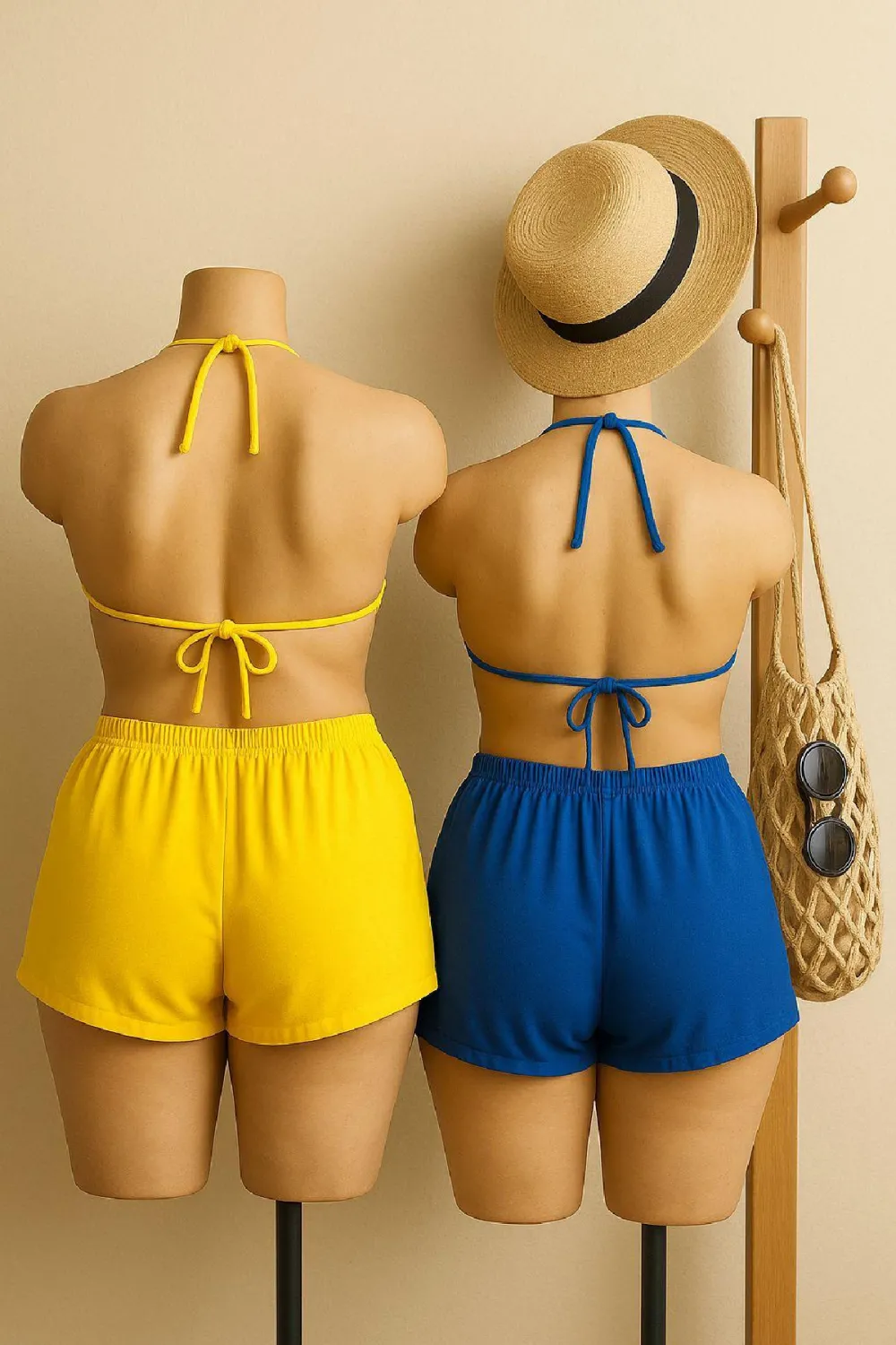 ieg™ Kadın Sarı ve Mavi Şortlu Belden ve Boyundan Bağlamalı Bikini Takımı