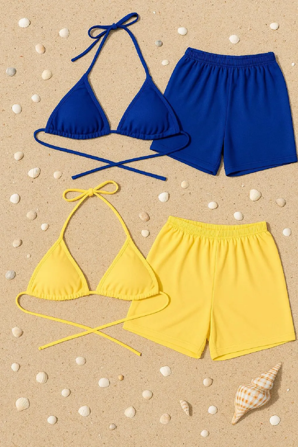 ieg™ Kadın Sarı ve Mavi Şortlu Belden ve Boyundan Bağlamalı Bikini Takımı