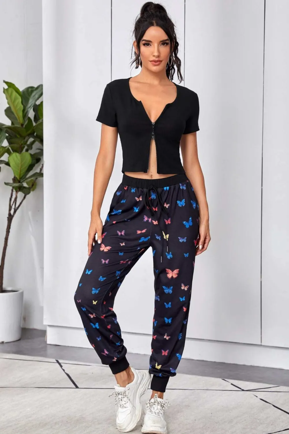 ieg™ Kadın Siyah Çift Fermuarlı Yarım Kol Crop Top Bluz