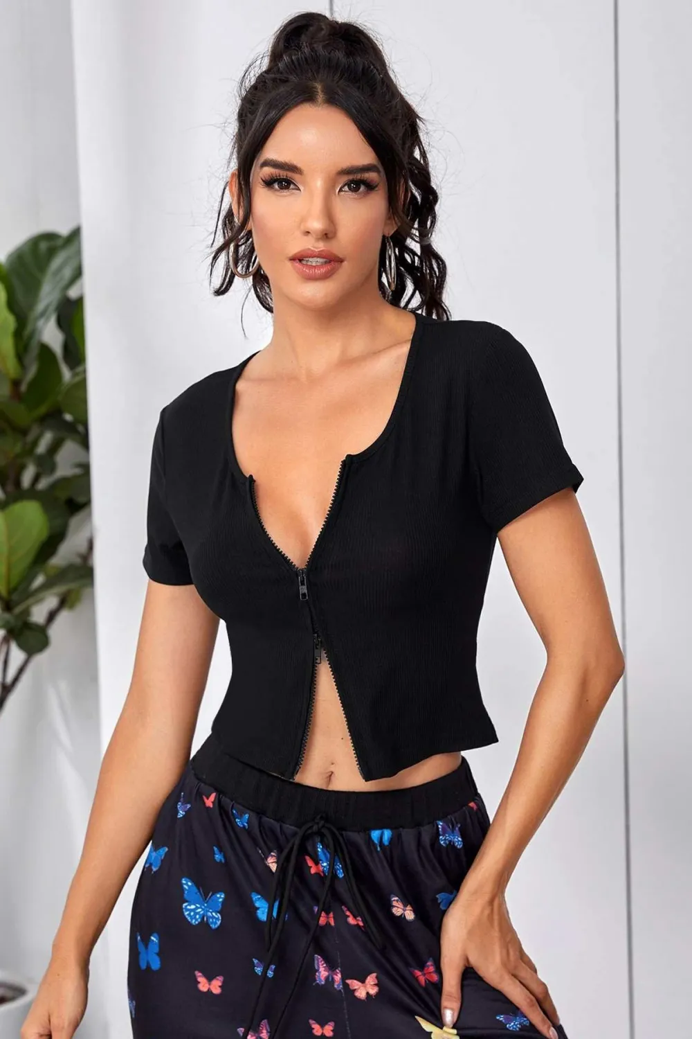 ieg™ Kadın Siyah Çift Fermuarlı Yarım Kol Crop Top Bluz