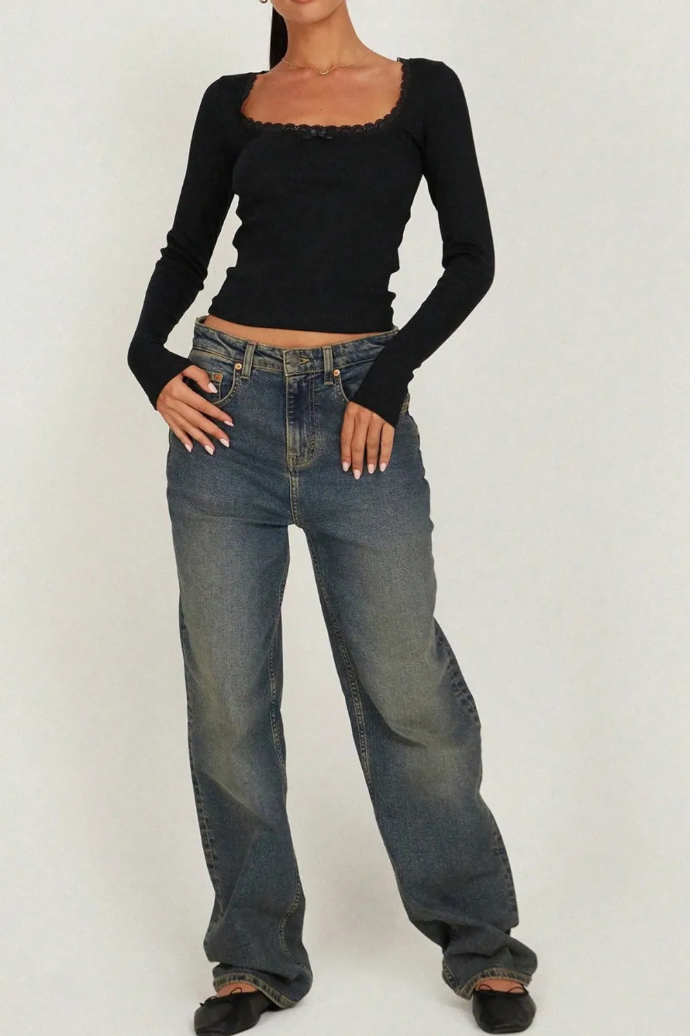 ieg™ Kadın Siyah Kare Yaka Dantelli Uzun Kollu Crop Top Bluz
