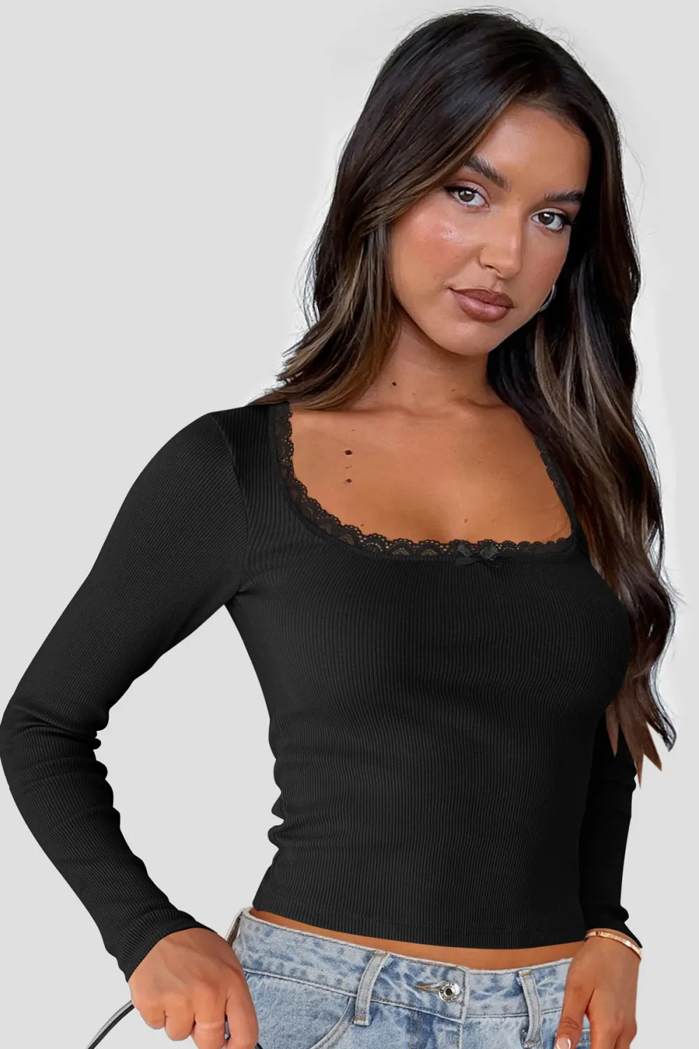 ieg™ Kadın Siyah Kare Yaka Dantelli Uzun Kollu Crop Top Bluz