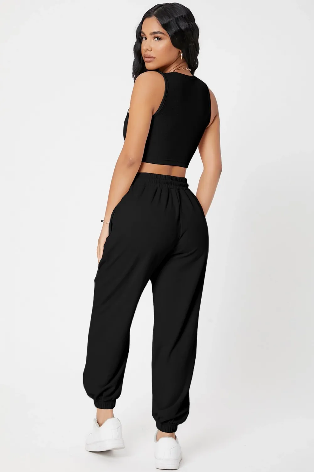 ieg™ Kadın Siyah Kaşkorse Cepli Jogger Eşofman Altı ve Crop Top Bluz