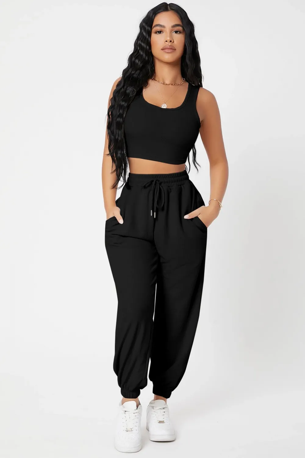 ieg™ Kadın Siyah Kaşkorse Cepli Jogger Eşofman Altı ve Crop Top Bluz