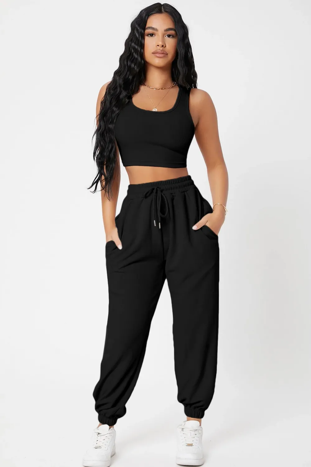 ieg™ Kadın Siyah Kaşkorse Cepli Jogger Eşofman Altı ve Crop Top Bluz