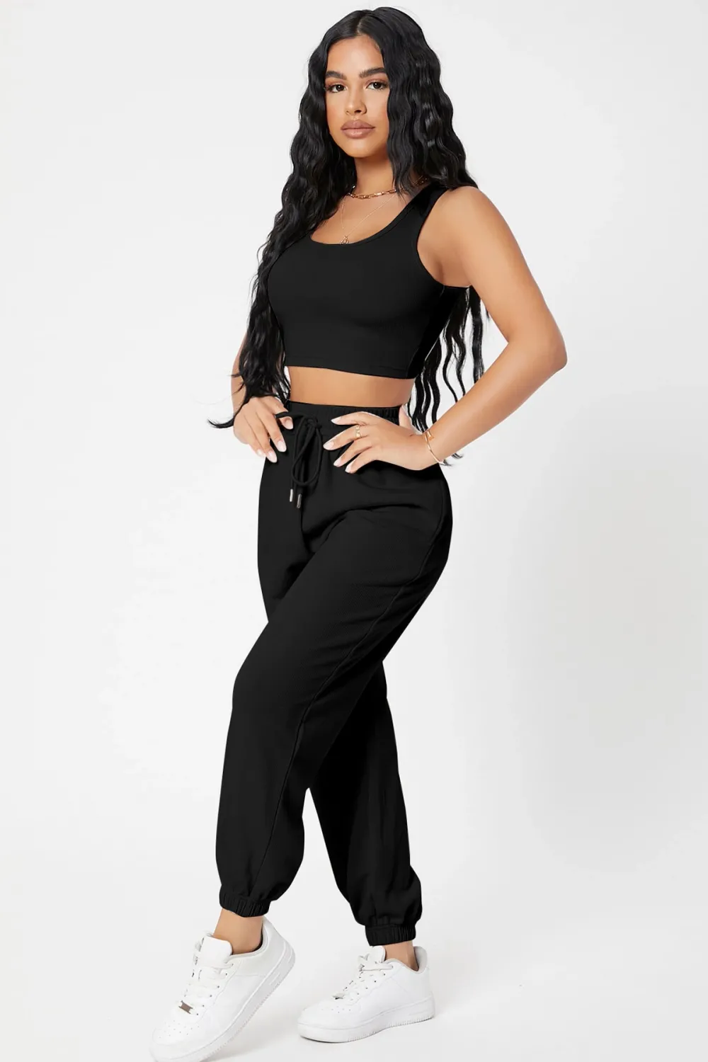 ieg™ Kadın Siyah Kaşkorse Cepli Jogger Eşofman Altı ve Crop Top Bluz