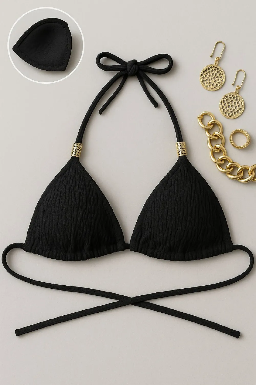 ieg™ Kadın Siyah Pedli Üçgen Bikini Üstü Halter Bağlamalı Aksesuarlı