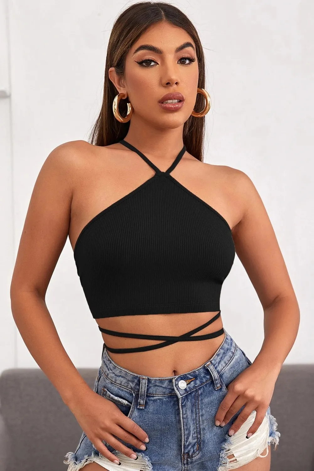 ieg™ Kadın Siyah Sırtı Açık Boyundan Çapraz Bağlamalı Crop Top Bluz
