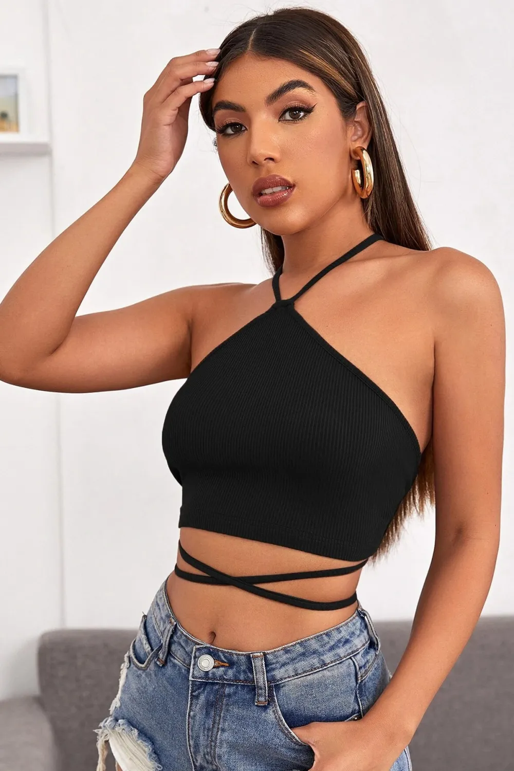 ieg™ Kadın Siyah Sırtı Açık Boyundan Çapraz Bağlamalı Crop Top Bluz