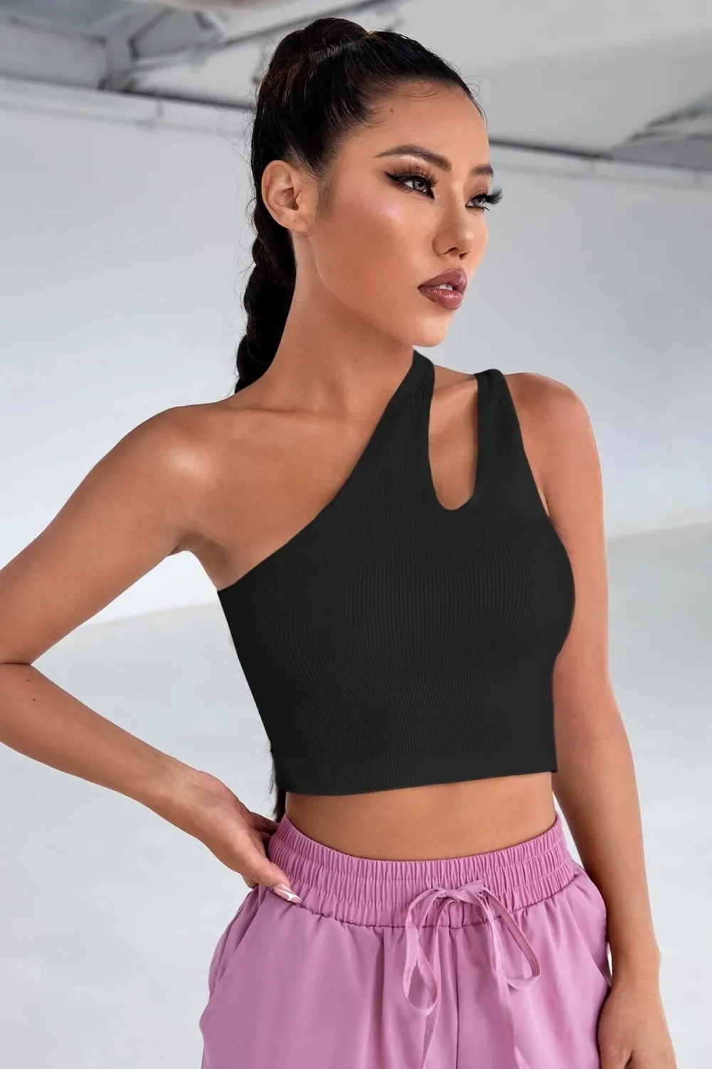 ieg™ Kadın Siyah Tek Omuz Cut Out Detaylı Crop Top Bluz