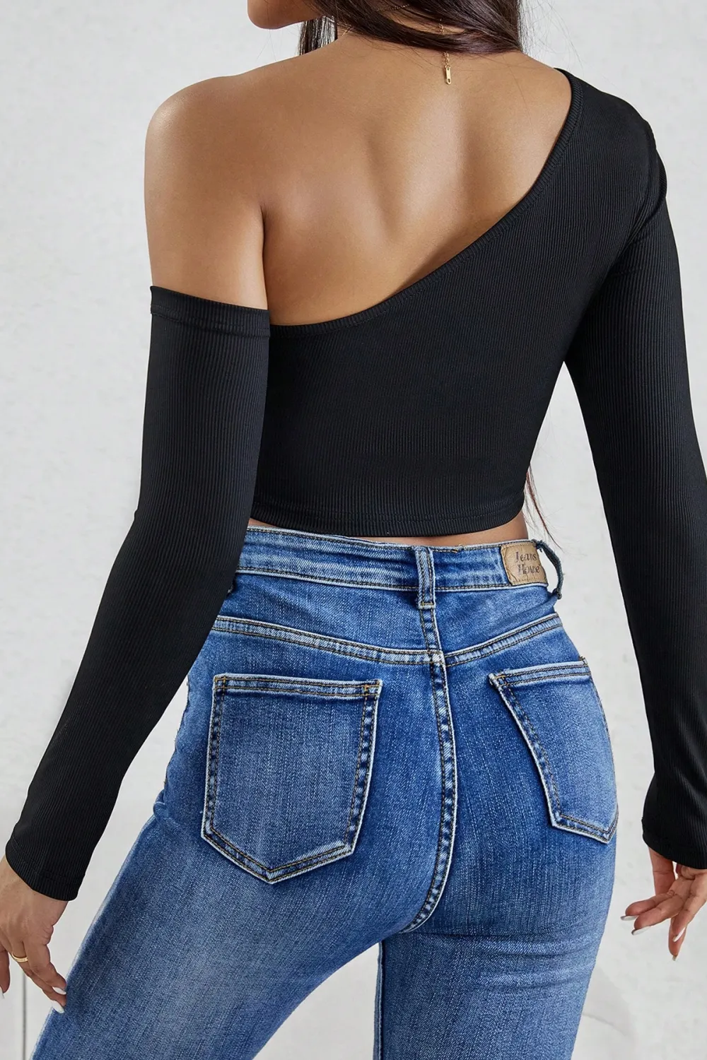 ieg™ Kadın Siyah Tek Omuz Detaylı Uzun Kol Crop Top Bluz