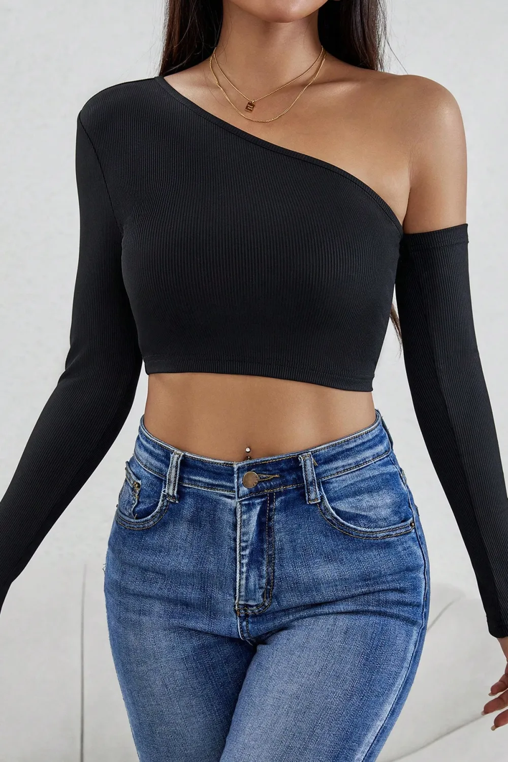 ieg™ Kadın Siyah Tek Omuz Detaylı Uzun Kol Crop Top Bluz