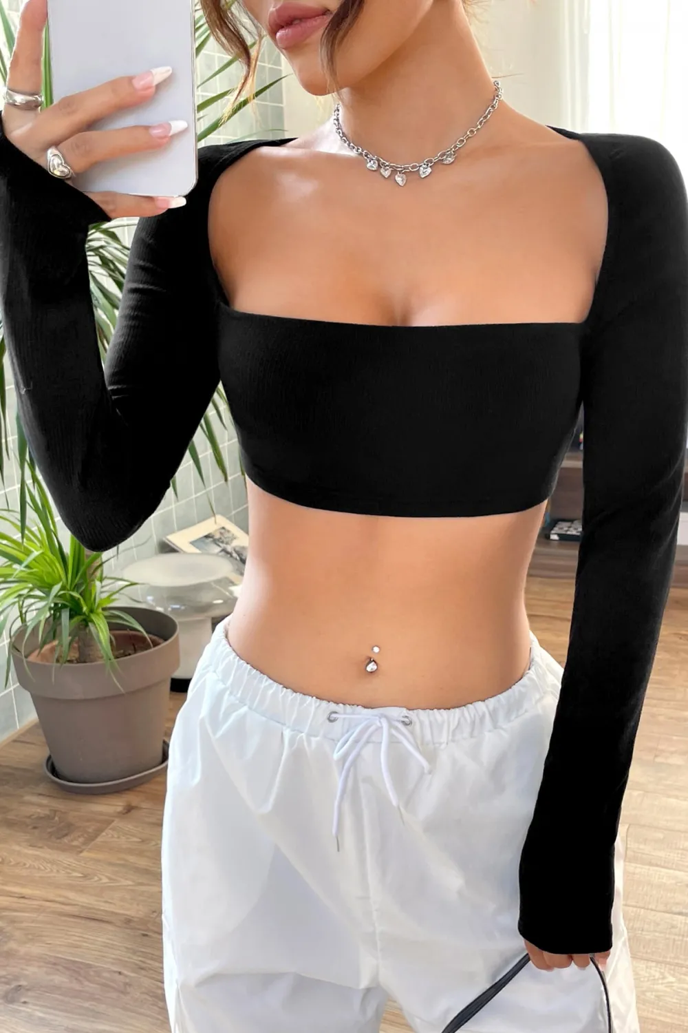 ieg™ Kadın Siyah Uzun Kol Göğüs ve Sırt Dekolteli Crop Top Bluz