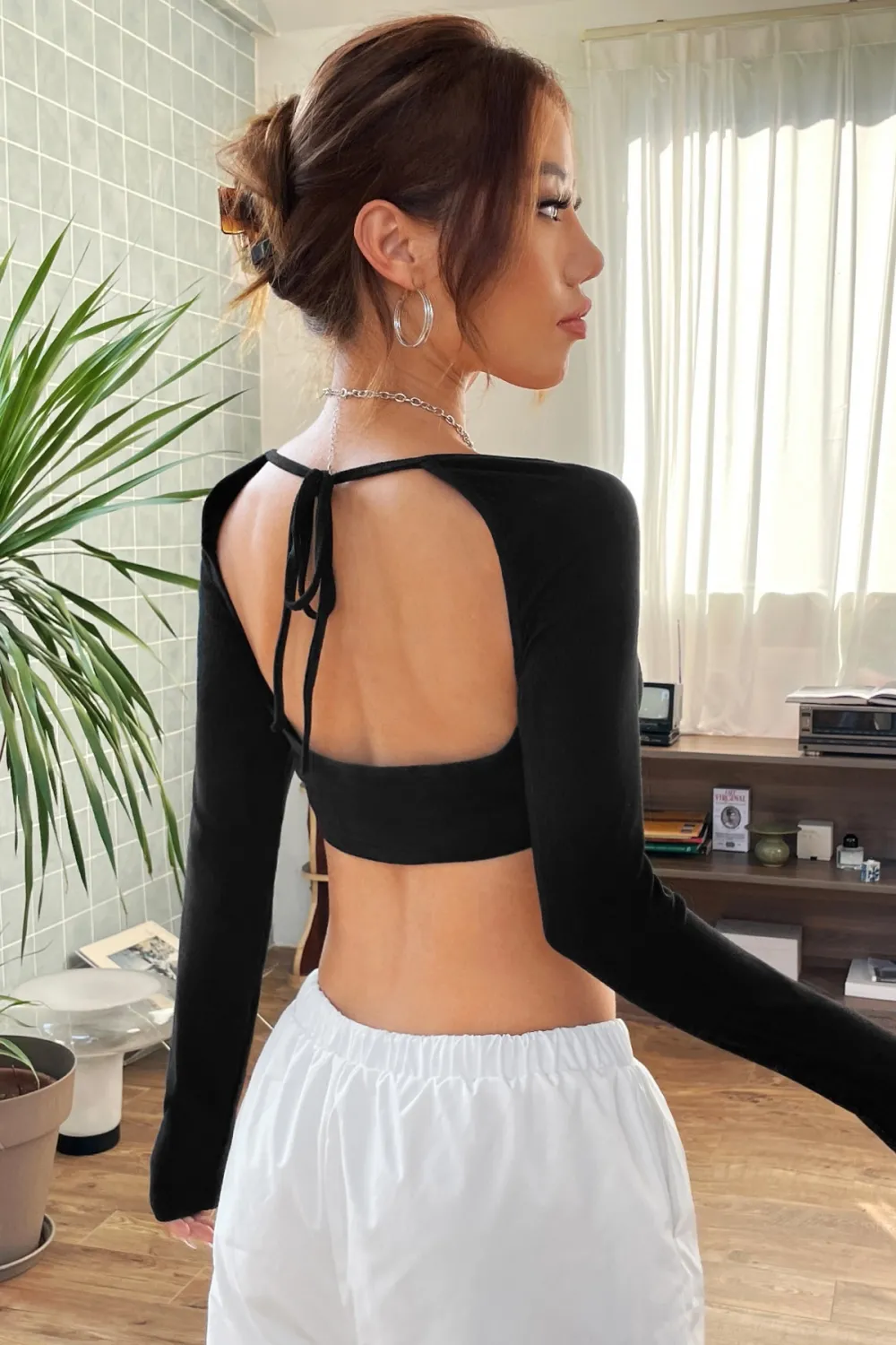 ieg™ Kadın Siyah Uzun Kol Göğüs ve Sırt Dekolteli Crop Top Bluz