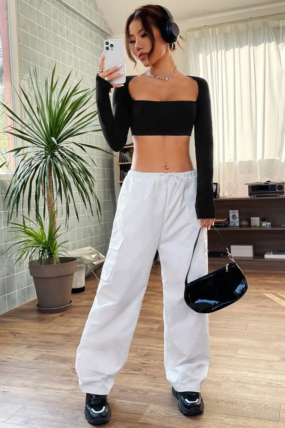 ieg™ Kadın Siyah Uzun Kol Göğüs ve Sırt Dekolteli Crop Top Bluz