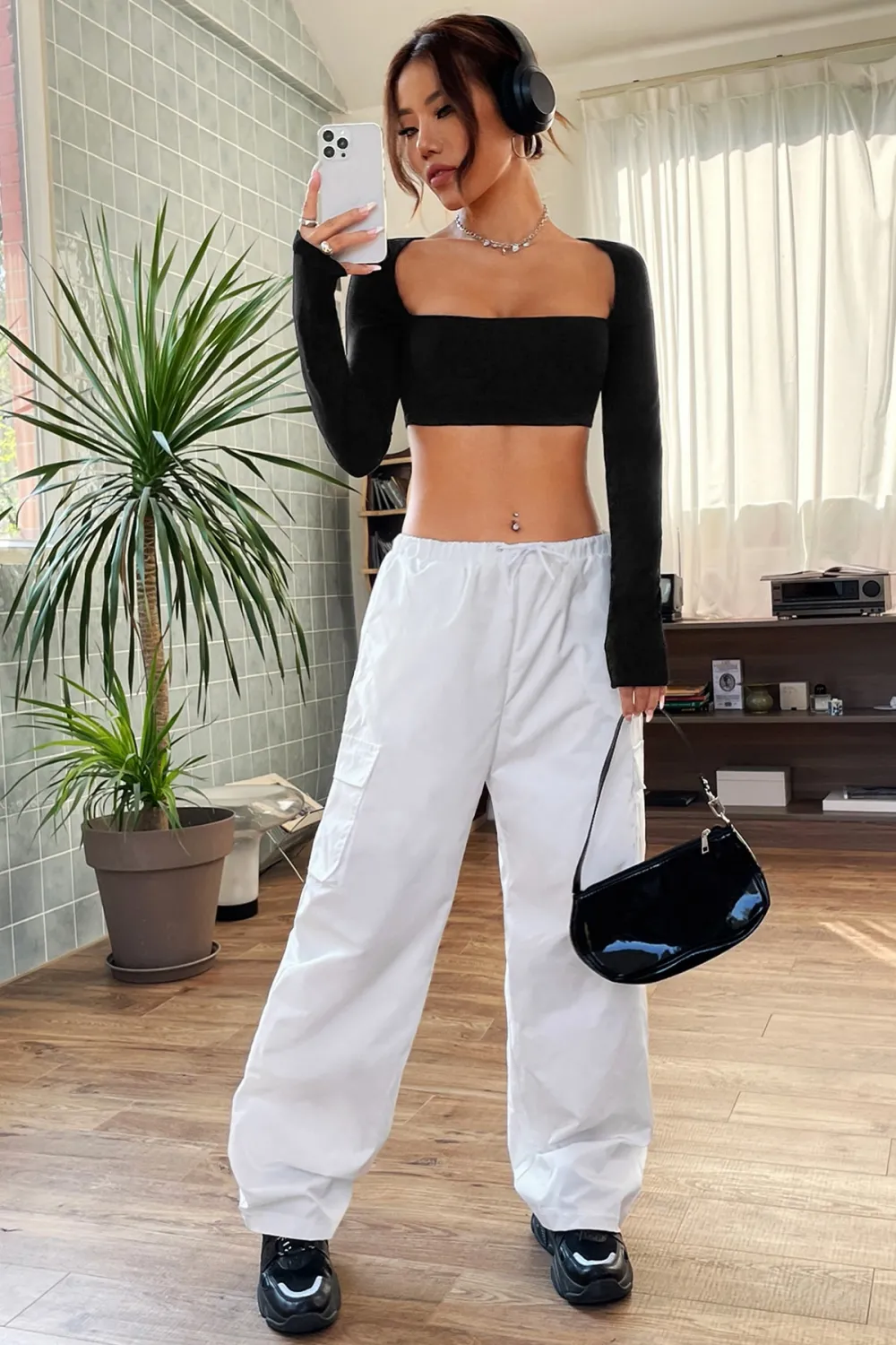ieg™ Kadın Siyah Uzun Kol Göğüs ve Sırt Dekolteli Crop Top Bluz