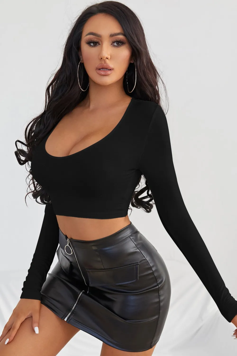 ieg™ Kadın Siyah Uzun Kol Kare Yaka Crop Top Bluz