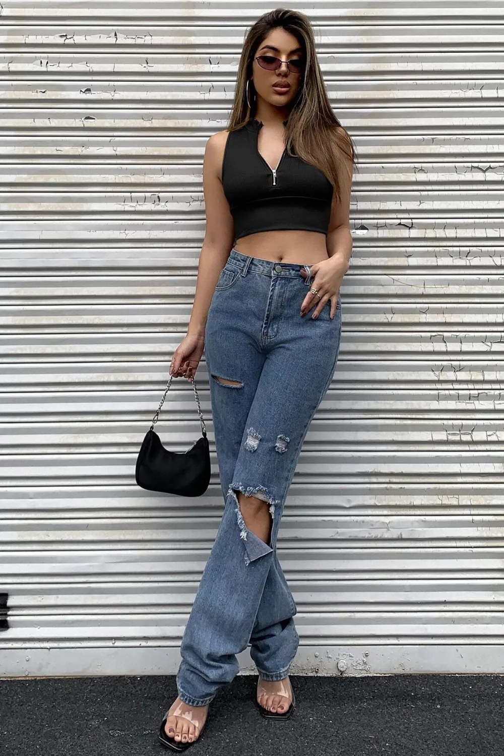 ieg™ Kadın Siyah Yarım Fermuarlı Sıfır Kol Crop Top Bluz