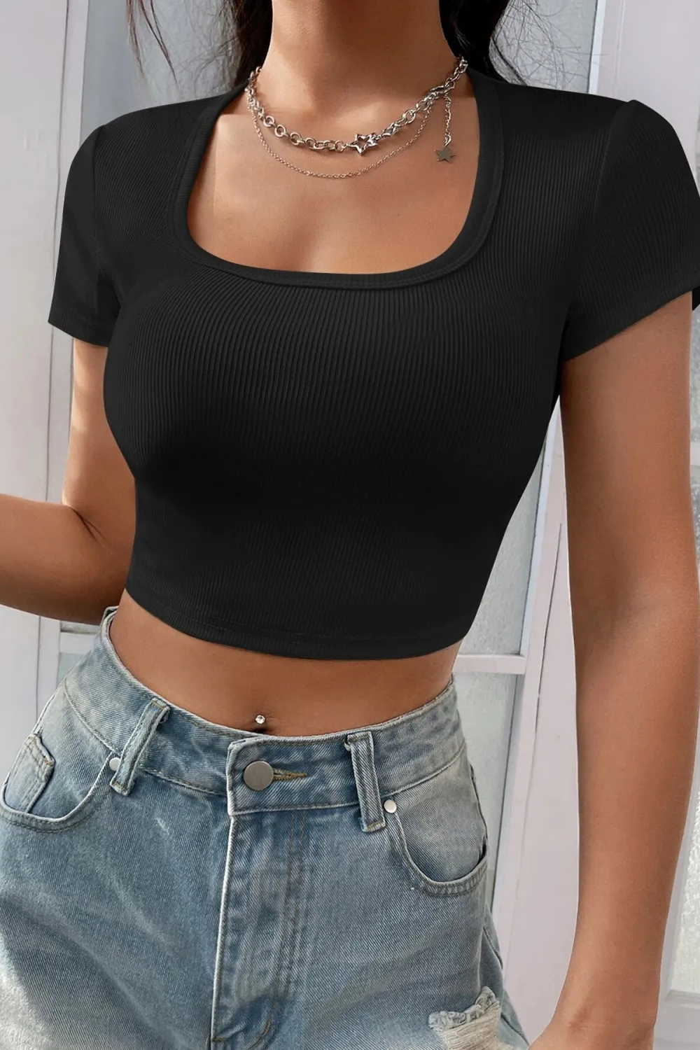 ieg™ Kadın Siyah Yarım Kol Düz Yaka Crop Top Bluz