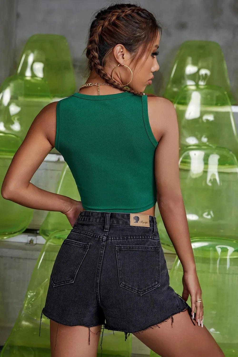 ieg™ Kadın Yeşil Kare Yaka Crop Top Bluz