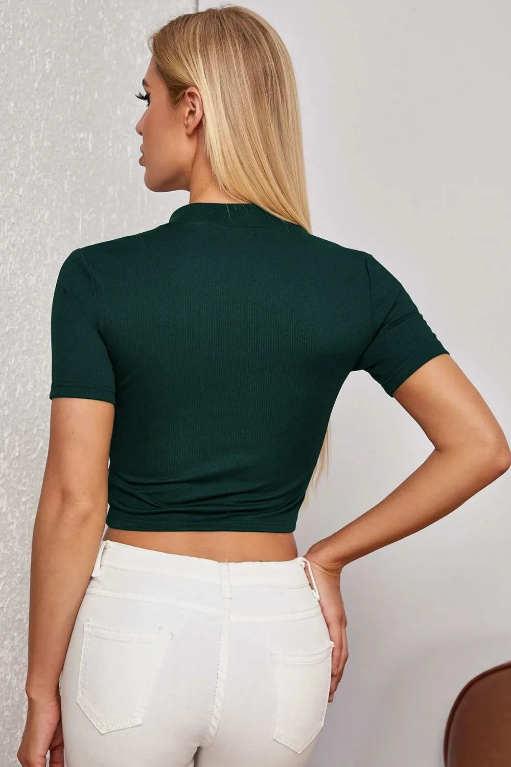 ieg™ Kadın Yeşil Yarım Fermuarlı ve Kısa Kollu Crop Top Bluz