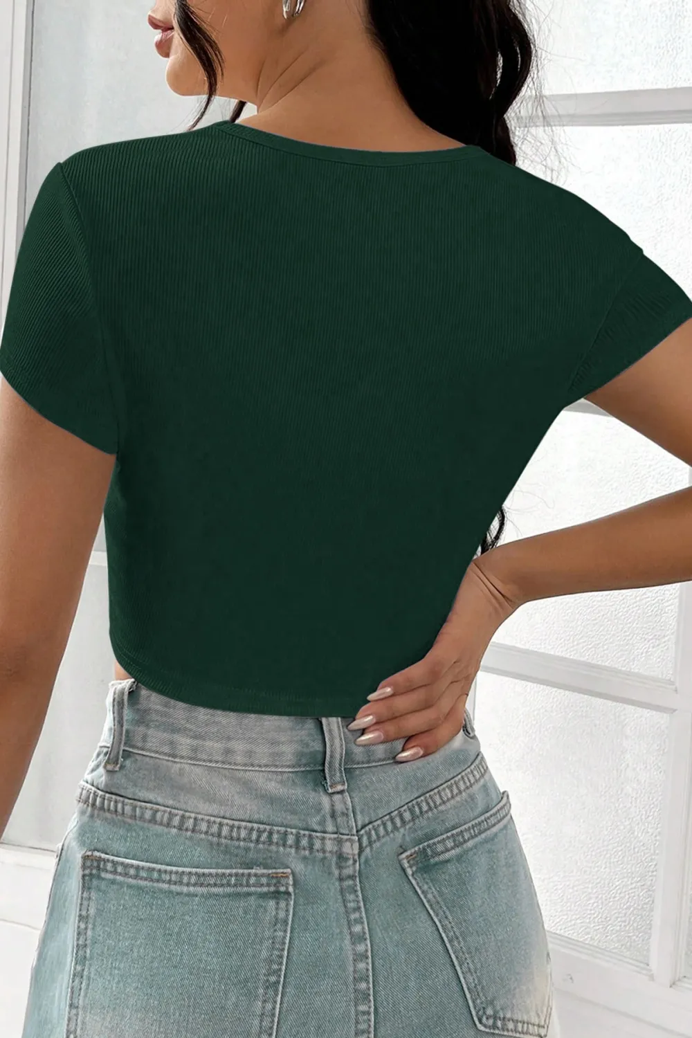 ieg™ Kadın Yeşil Yarım Kol Düz Yaka Crop Top Bluz