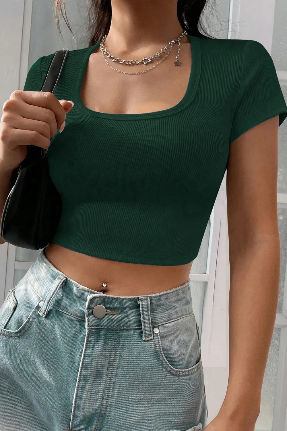 ieg™ Kadın Yeşil Yarım Kol Düz Yaka Crop Top Bluz
