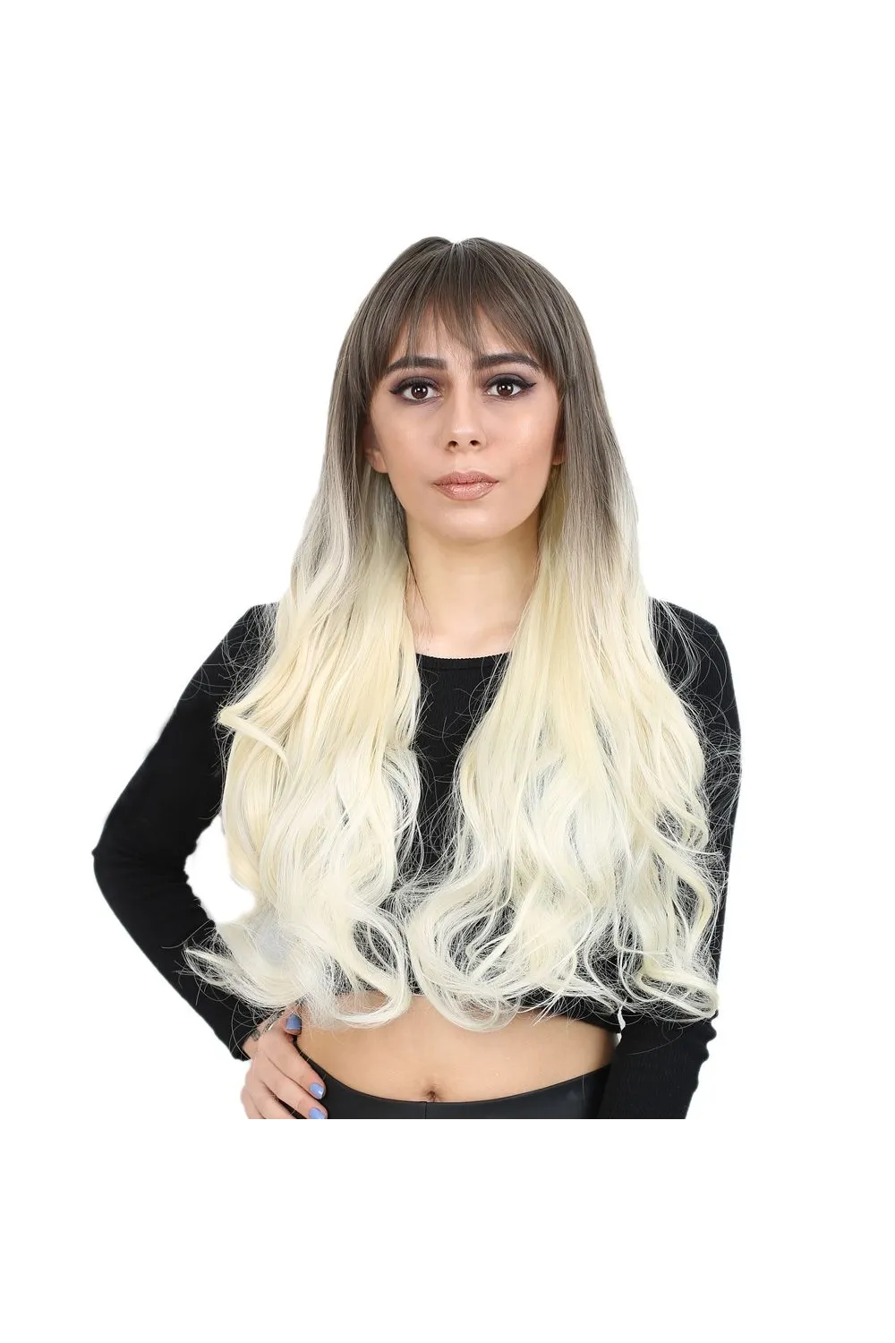 Kahküllü Uzun Dalgalı Fiber Sentetik Peruk - Küllü Açık Kahve / Platin Ombreli