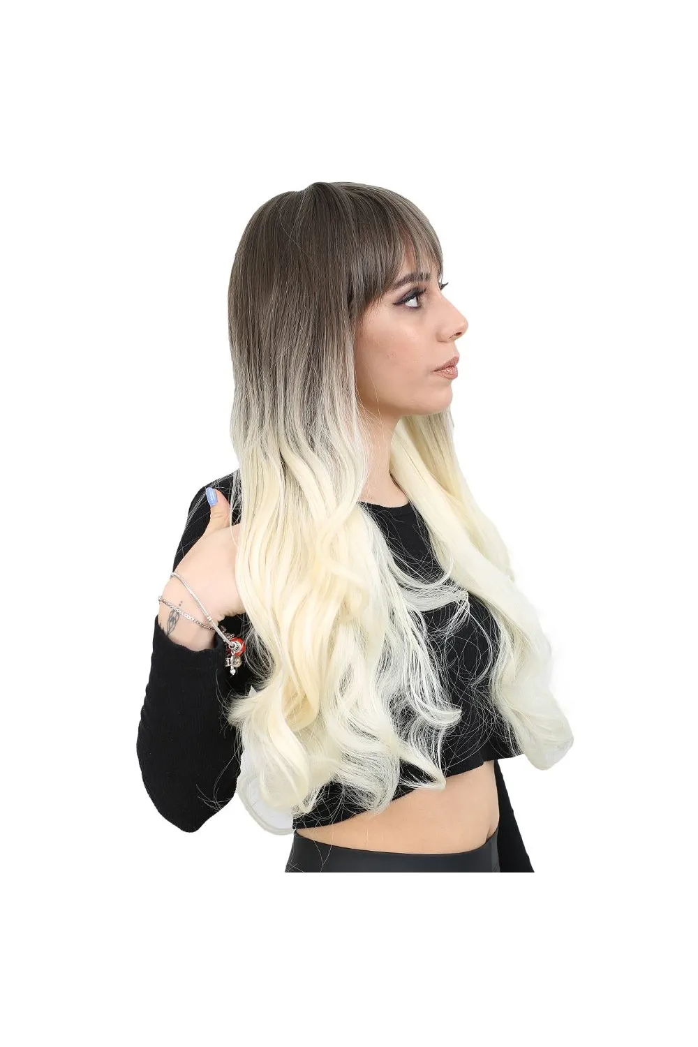 Kahküllü Uzun Dalgalı Fiber Sentetik Peruk - Küllü Açık Kahve / Platin Ombreli