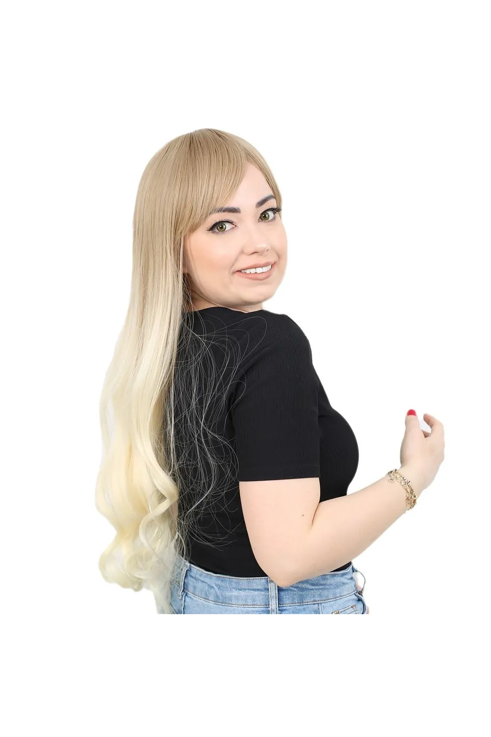 Kahküllü Uzun Dalgalı Fiber Sentetik Peruk - Küllü Balköpüğü / Platin Ombreli