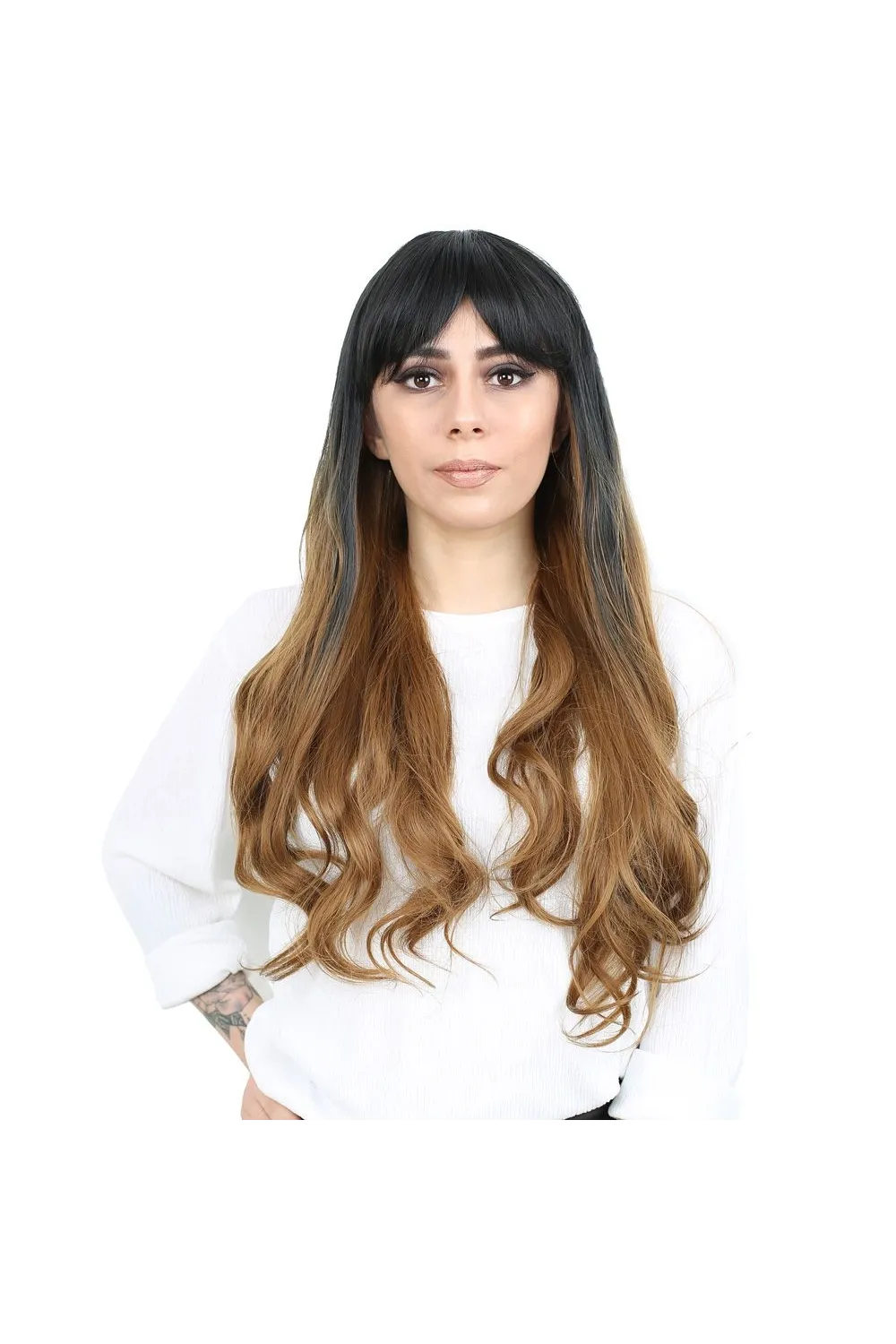 Kahküllü Uzun Dalgalı Fiber Sentetik Peruk - Siyah / Karamel Ombreli