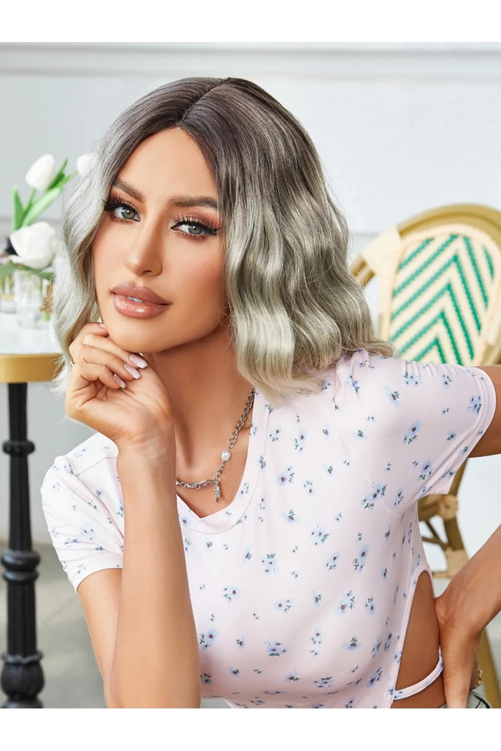 Kahverengi / Beyaz Platin Ombreli Küt Tül Peruk
