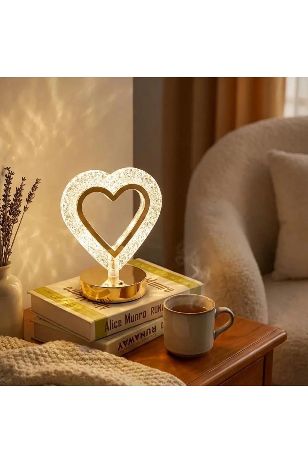 Kalp Şeklinde Kristal LED Masa Lambası – Dokunmatik, 3 Renk Işık Modlu, Şarjlı Mini Dekoratif Gece Lambası