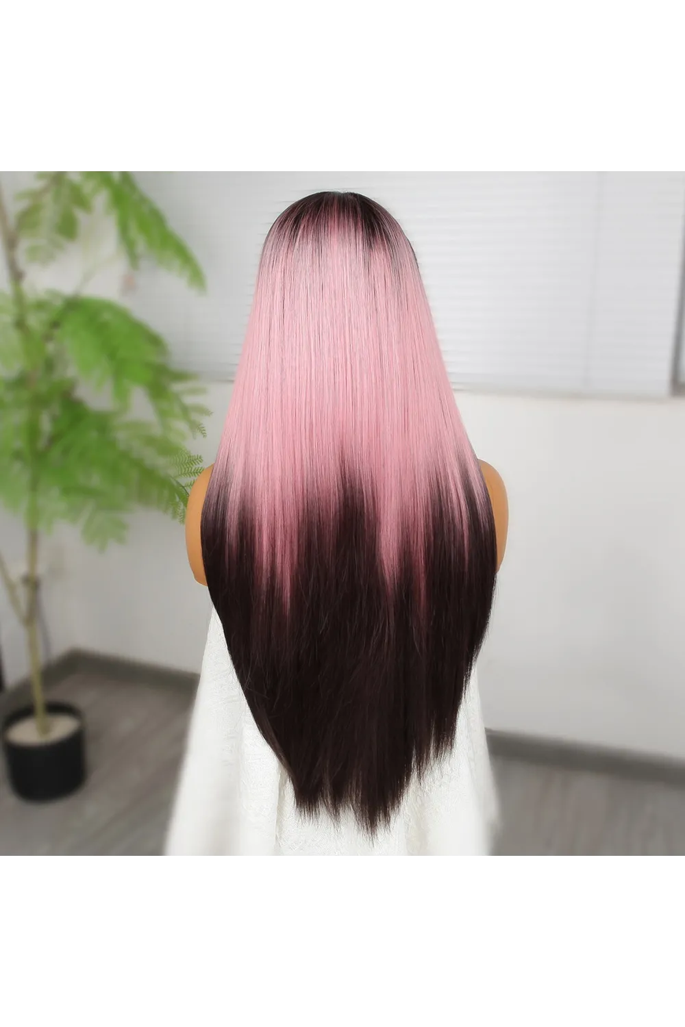Koyu Kestane Pembe Ombreli Fiber Sentetik Tül Peruk