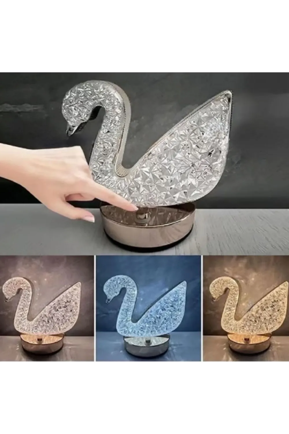Kuğu Model Kristal LED Masa Lambası – Dokunmatik, 3 Renk Işık Modlu, Şarjlı Mini Dekoratif Gece Lambası
